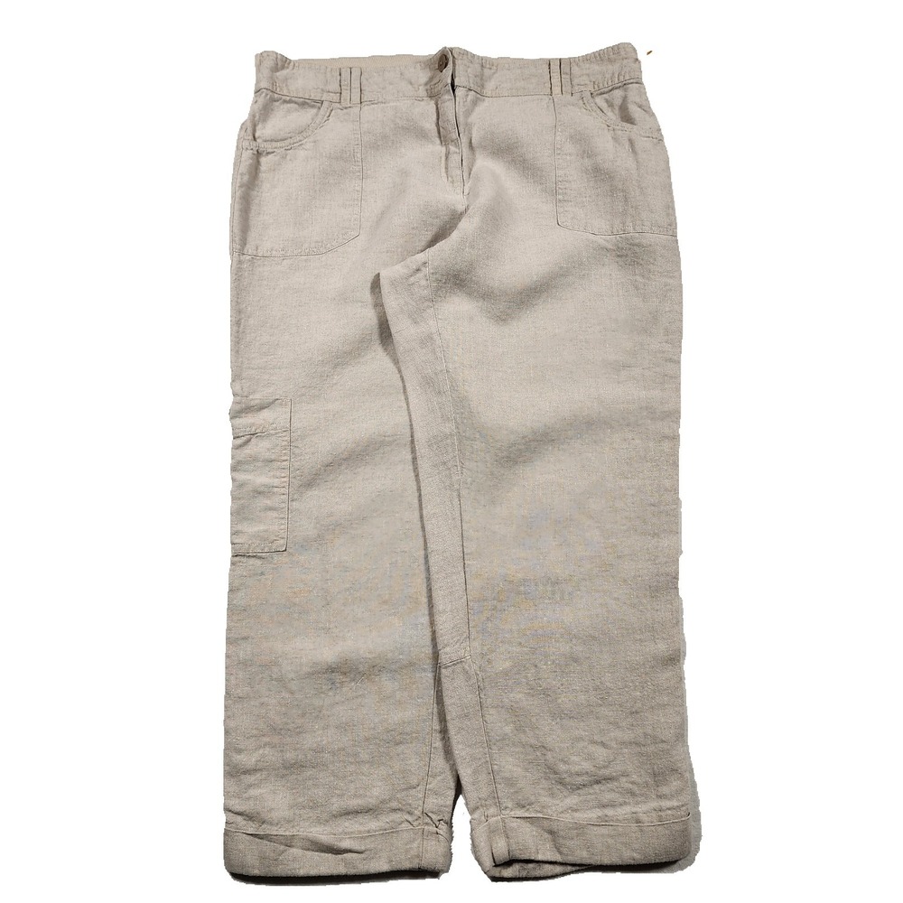 Y2K Chicos Pants Womens 1 W32 Cargo Crop Pants 100% Linen Summer Oatmeal Preppy